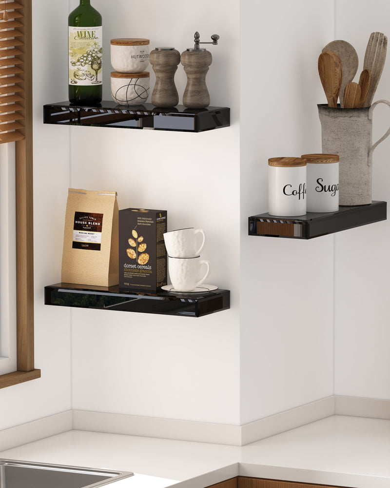 Black Set of 3 Mirrored Glass Floating Shelves