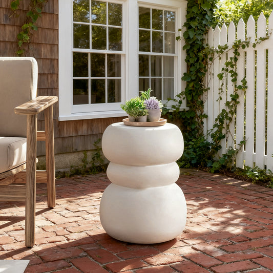 Modern Outdoor Side Table, Sculptural Patio Accent Table, White Concrete Look