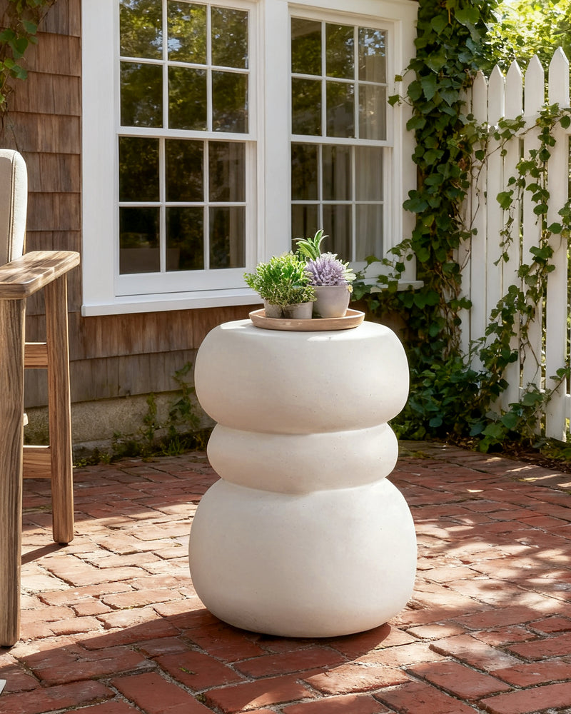 Modern Outdoor Side Table, Sculptural Patio Accent Table, White Concrete Look