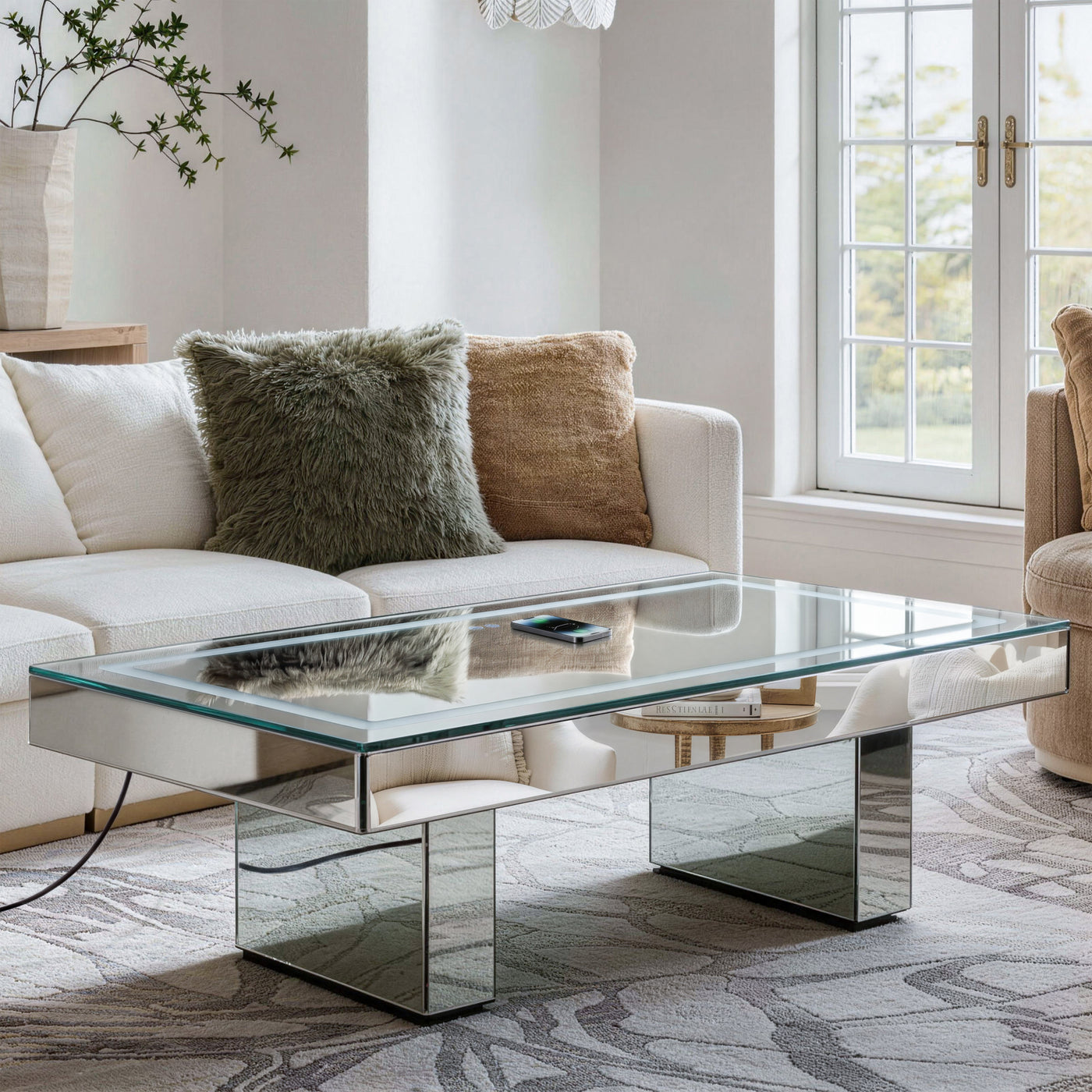 Smart LED Mirror Glass Coffee Table with Bluetooth