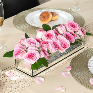 Flower Vase Rectangular Crushed Diamond Mirrored Vases for Centerpiece, Luxury Flower Arrangement for Home Wedding Dining Table Decor, Silver