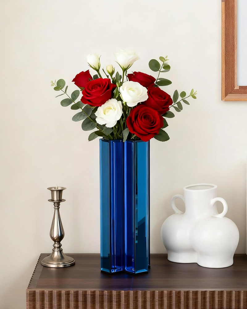 Blue Tall Cross-Shaped Decorative Glass Flower Vases for Home Decor