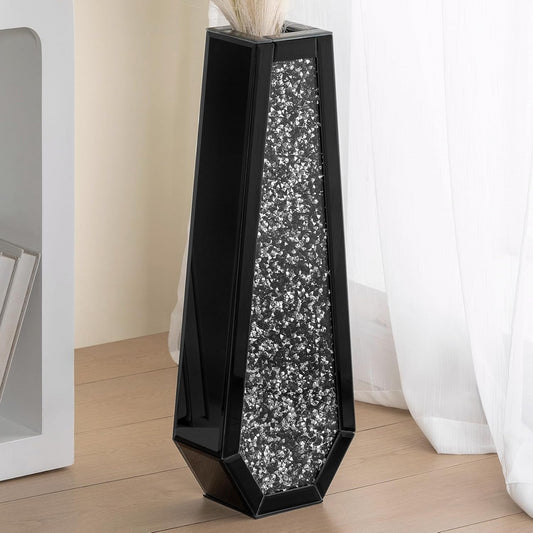 SHYFOY Black Floor Vase, Black Crushed Diamond Tall Vases for Floor, Elegant Black Crystal Glass Vase for Pampas Grass Mirrored Decorative Flower Vase for Office Home Decor