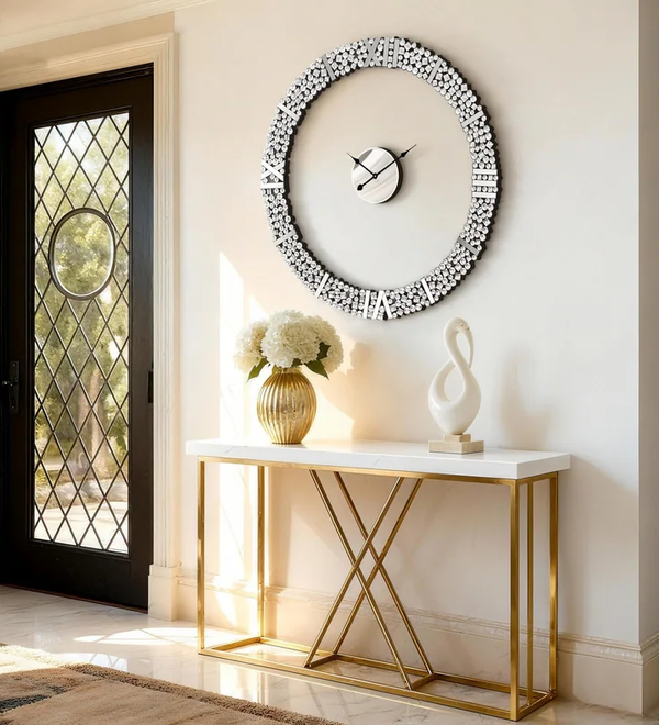 Foldable-Frame Round Wall Clock Adorned with Crystals