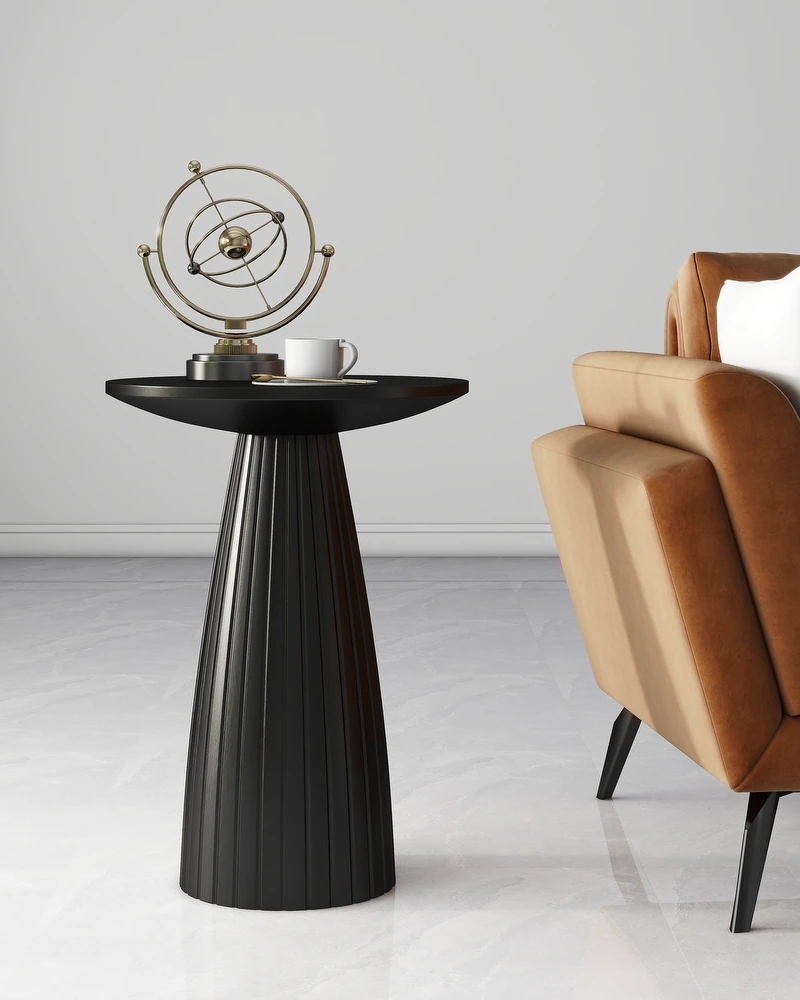 Round Black Side Table End Table with Pedestal Fluted Base