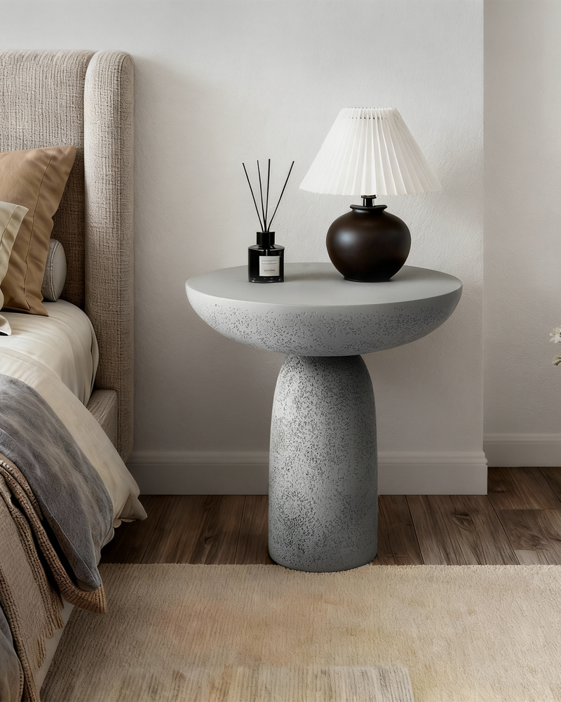 18'' Tall Round Gray Pedestal Side Table, Modern Hourglass End Table with Stone Texture