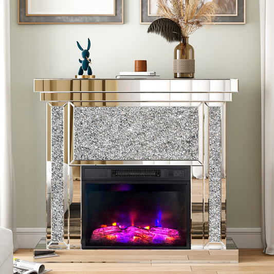 SHYFOY Mirrored Electric Fireplace, Fireplace Mantel Freestanding Heater Firebox with Remote Control, 3D Flame / SF-F036