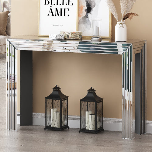 Silver Mirrored Console Table with Geometric Lines Design, Minimalist Glass Entryway Table