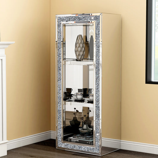 SHYFOY 3 Shelves Accent Display Cabinet with Door Crushed Crystals Inlay
