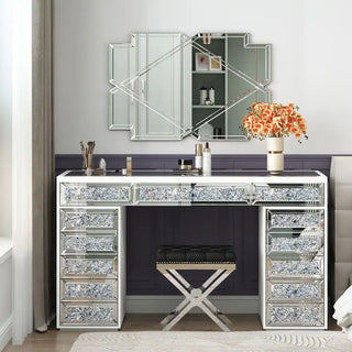 Mirrored Finish Vanity Desk Dresser with 13-Drawer - White