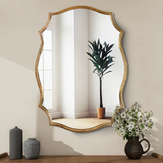 SHYFOY Modern Gold Antique Scalloped Accent Wall Mirror Living Room Home Decor - 32.6"×25.6"