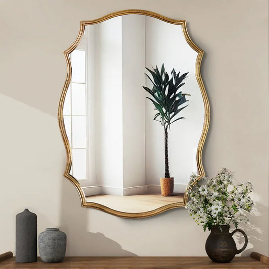 SHYFOY Modern Gold Antique Scalloped Accent Wall Mirror Living Room Home Decor - 32.6"×25.6"