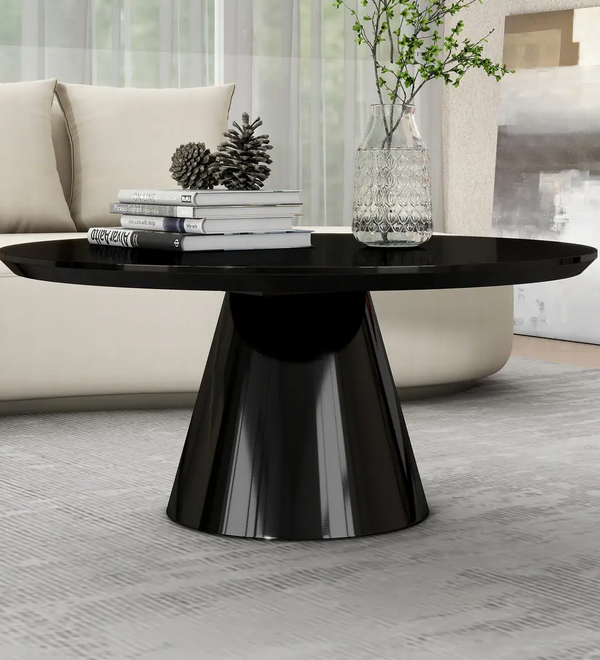 Black Modern Round Coffee Table with Cone-Shaped Base