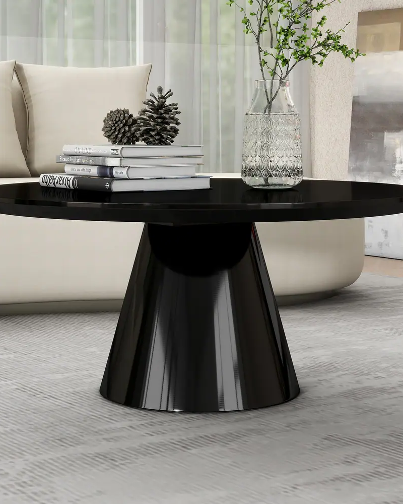 Black Modern Round Coffee Table with Cone-Shaped Base