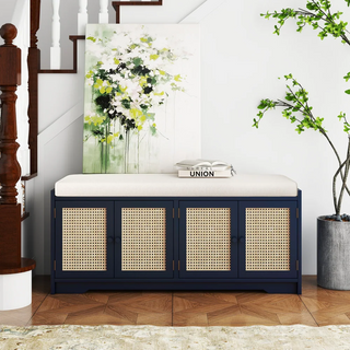 Storage Bench with Cabinet Rattan Style Wood Cabinet
