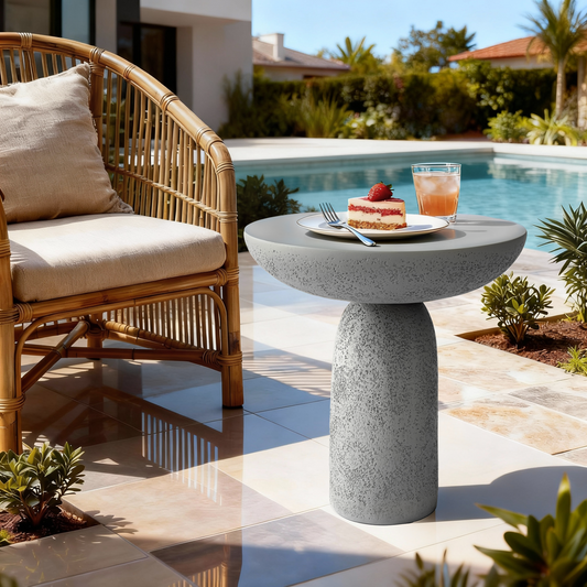 Tall Round Gray Pedestal Side Table, Modern Hourglass End Table with Stone Texture