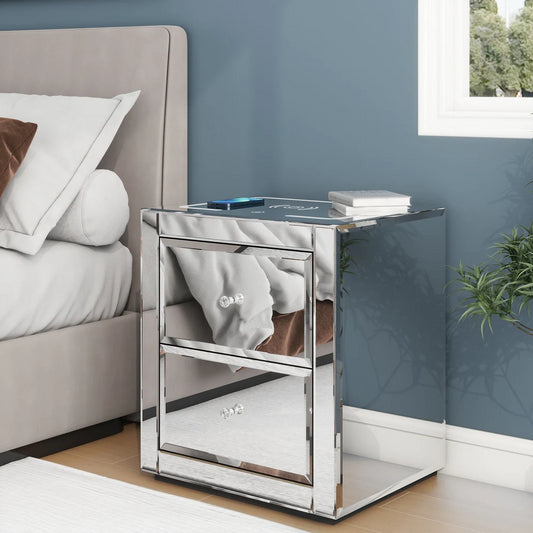 Nightstand Mirror Glass Top with Wireless Charging Station LED Light