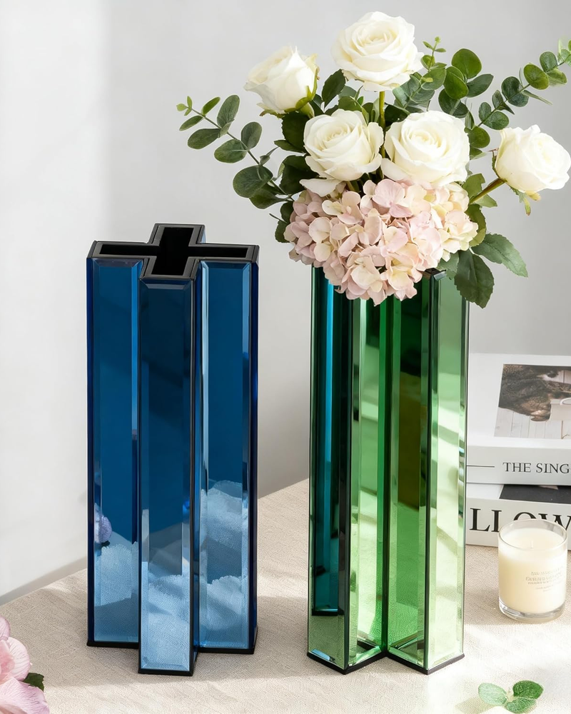Blue Tall Cross-Shaped Decorative Glass Flower Vases for Home Decor