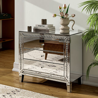 33" Large Mirrored Glass Nightstand Bedroom Crystal Decor