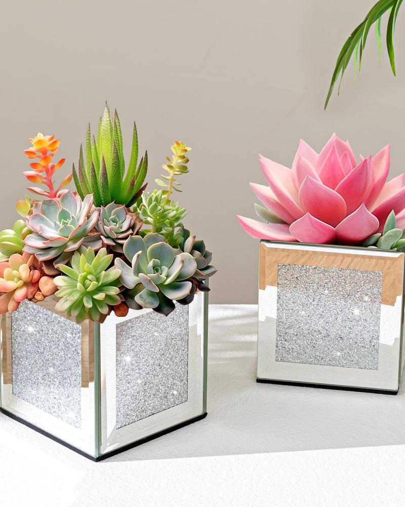Set of 6 Bling Mirrored Square Glass Vases