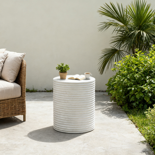 White Outdoor Ceramic Accent Table, Unique Garden Stool for Patio or Balcony