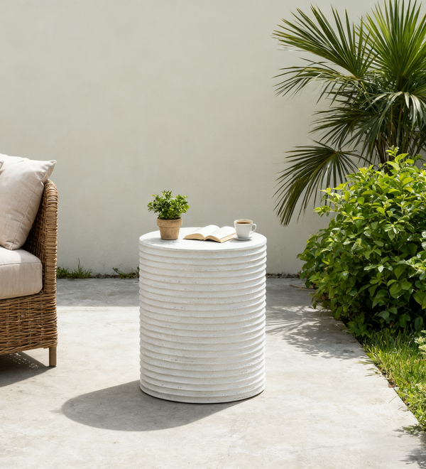 White Outdoor Ceramic Accent Table, Unique Garden Stool for Patio or Balcony