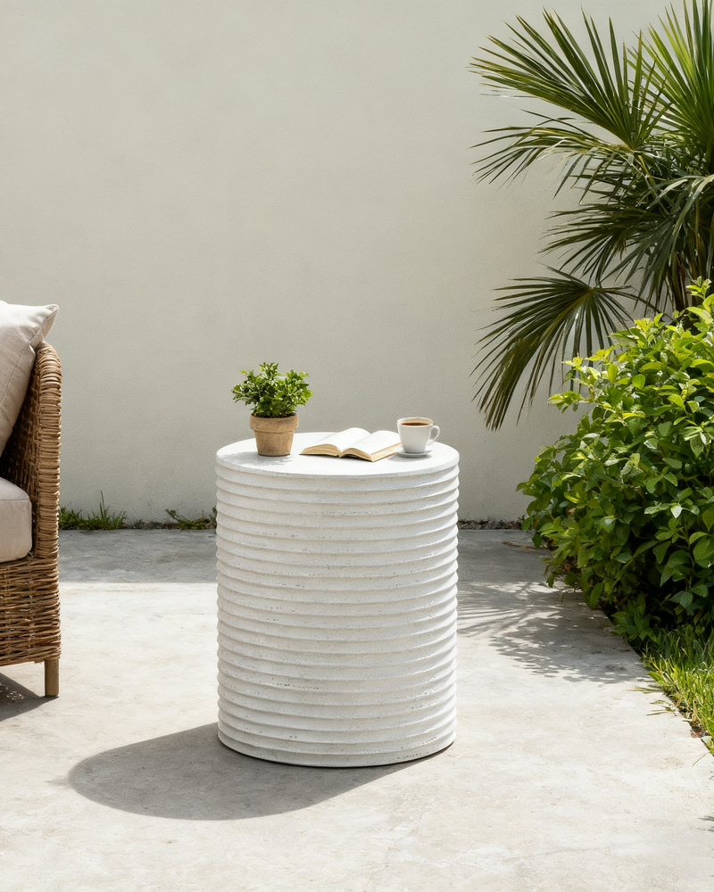 White Outdoor Ceramic Accent Table, Unique Garden Stool for Patio or Balcony
