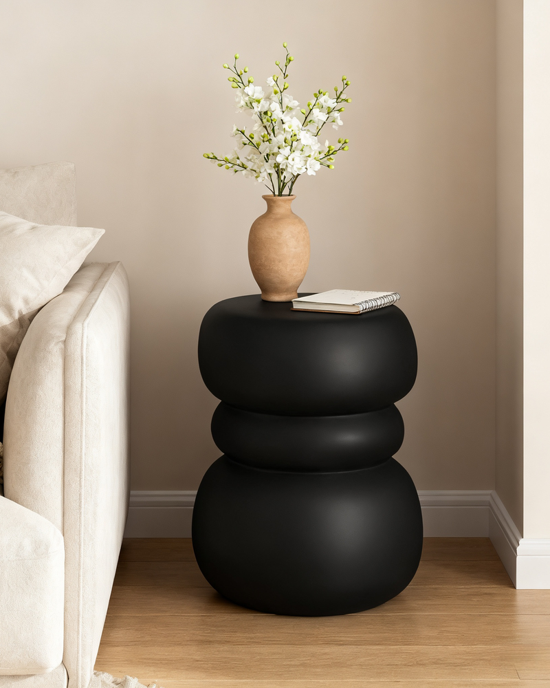 Black Concrete Side Table Unique Sculptural End Table, 19” Tall Handmade Cement Accent Table