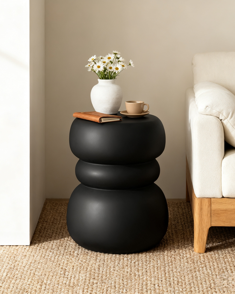 Black Concrete Side Table Unique Sculptural End Table, 19” Tall Handmade Cement Accent Table