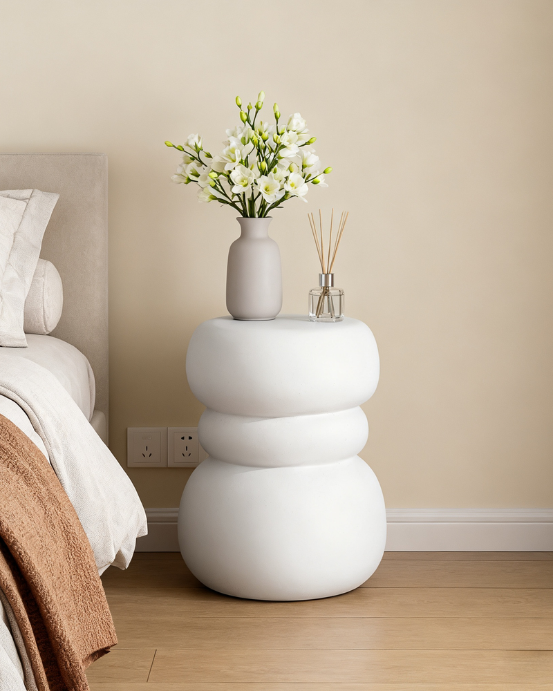 Modern Outdoor Side Table, Sculptural Patio Accent Table, White Concrete Look