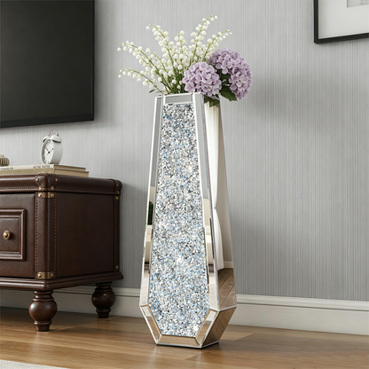 Große silberne Spiegel-Kristallvasen mit zerstoßenen Diamanten, hohe Bodenvase