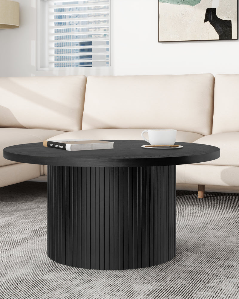 Black Round Coffee Table with Solid Wood Circle Pedestal Table