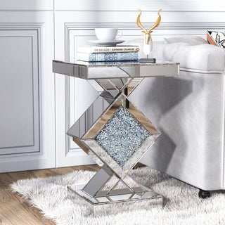 SHYFOY Mirrored Crushed Diamond Side Table | Glass Mirror End Tables with Crystal Inlay