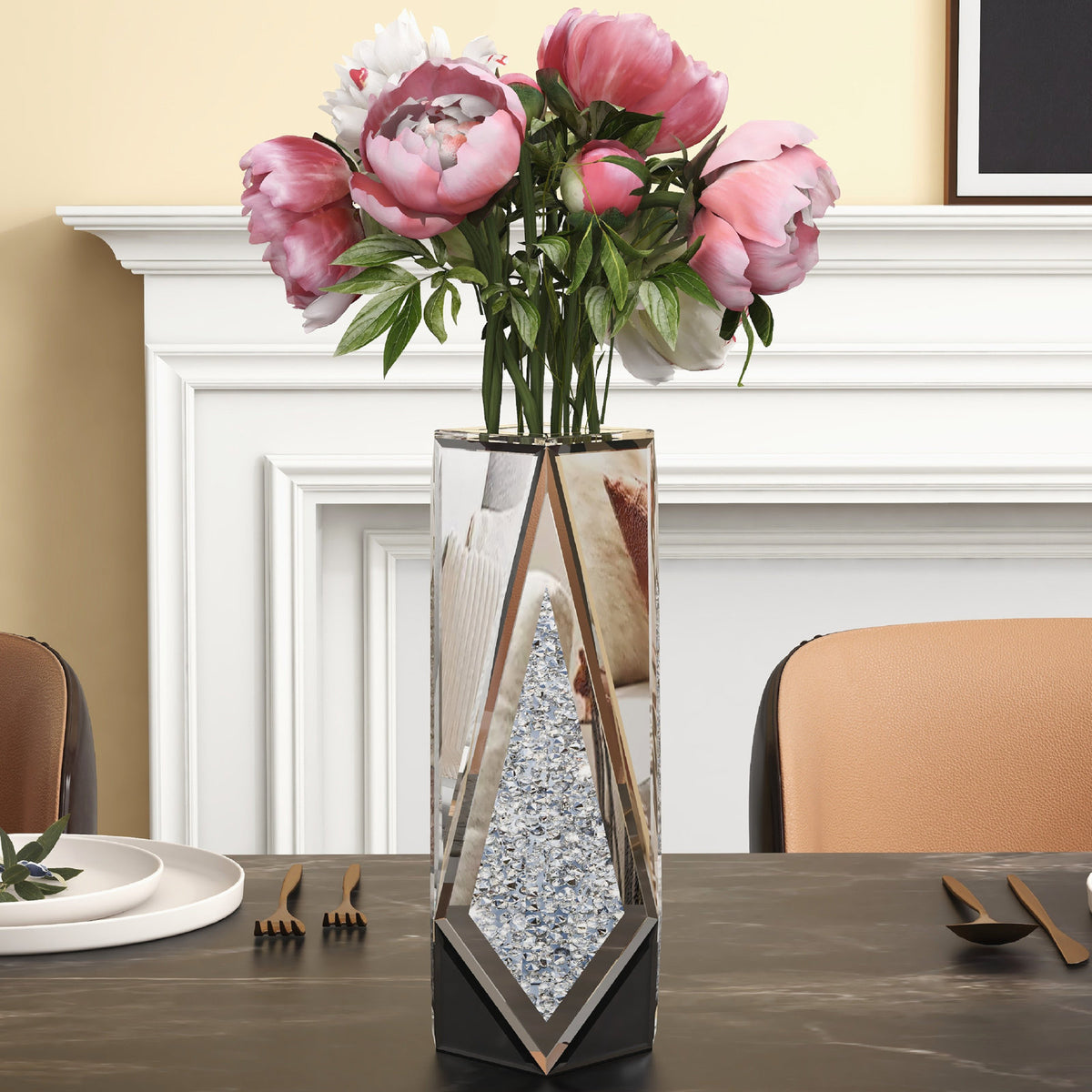 Silberner Kristall Deko Vase Glas Atemberaubende Spiegelvase Blumen Luxus für Heimdekoration