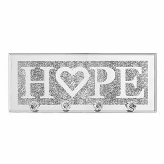 Mirrored HOPE Key Holder with Crystal Hooks Sparkly Silver Mirror Wall Decor