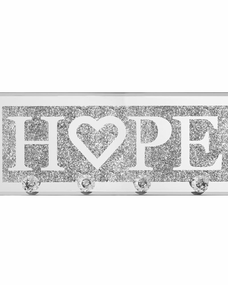 Mirrored HOPE Key Holder with Crystal Hooks Sparkly Silver Mirror Wall Decor