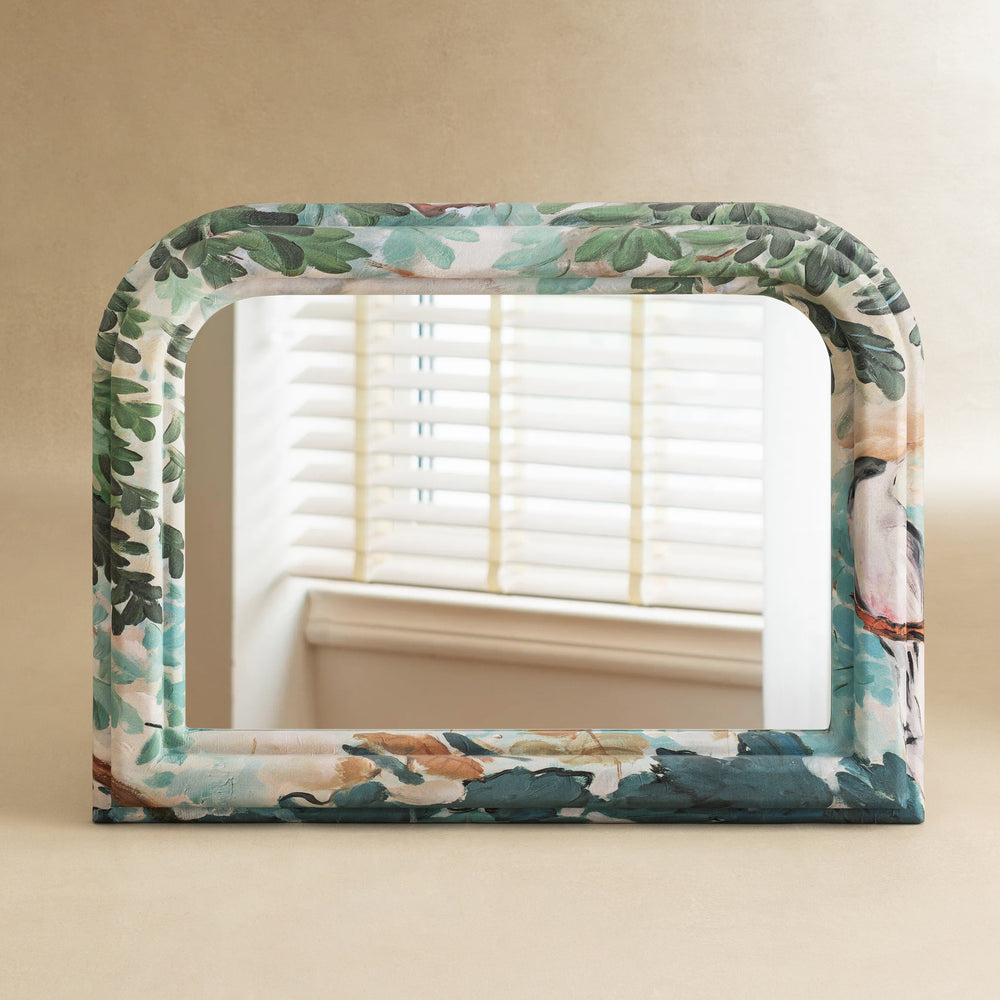 Arched Floral Fabric Wrapped Wood Frame Horizontal Wall Mirror