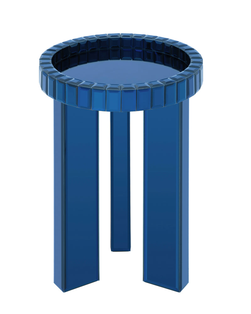 Blue Mirrored End Table,  Round Glass Side Table with Three Legs