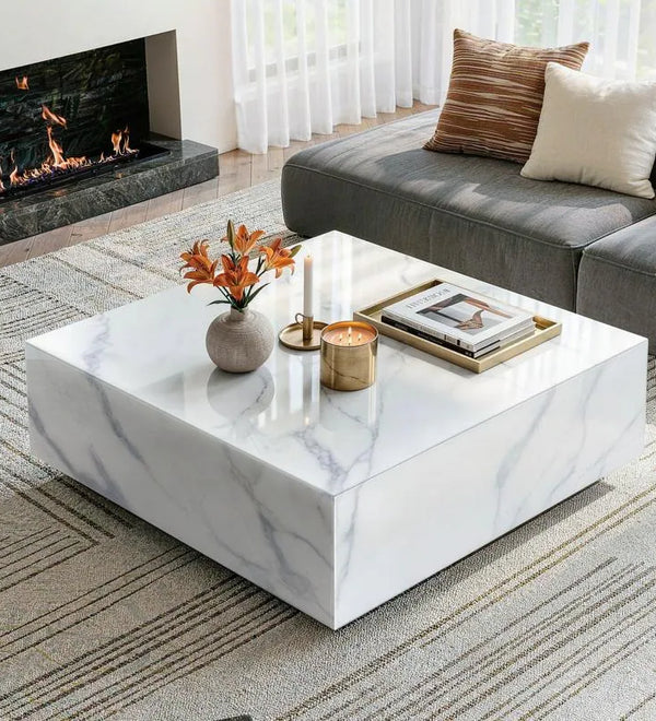 White Faux Marble Square Coffee Table