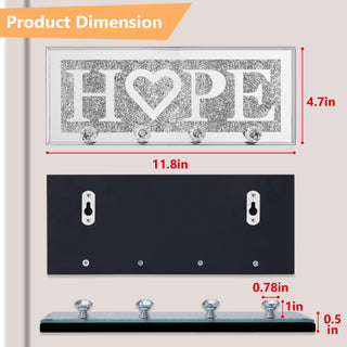 Mirrored HOPE Key Holder with Crystal Hooks Sparkly Silver Mirror Wall Decor