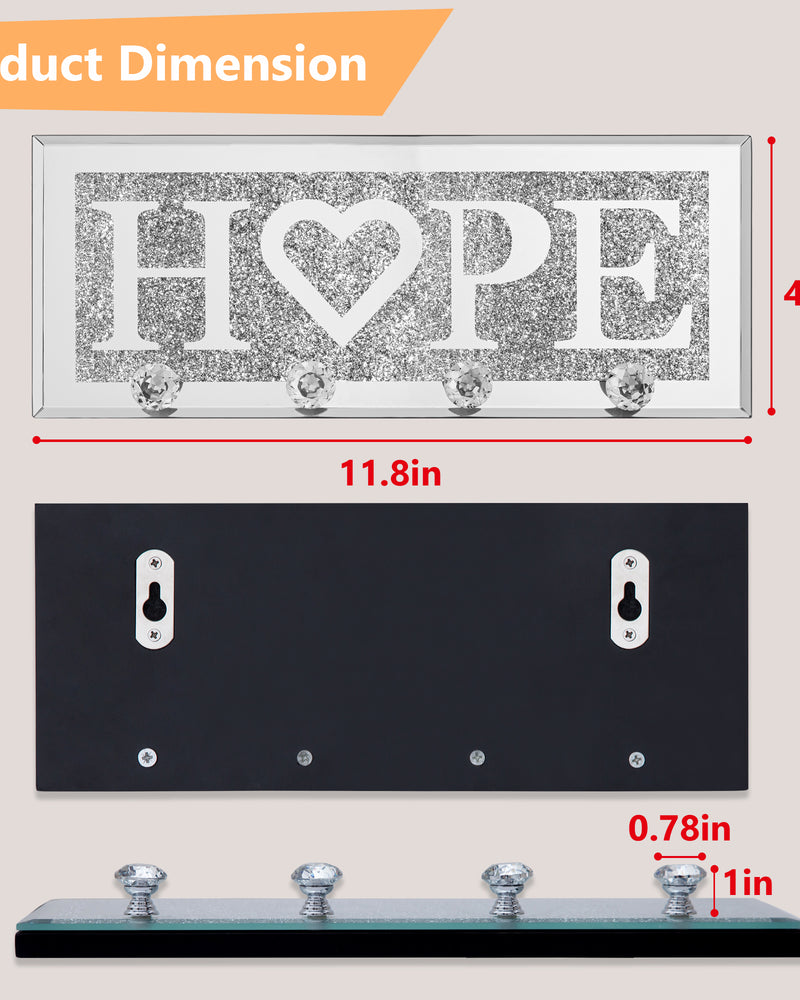 Mirrored HOPE Key Holder with Crystal Hooks Sparkly Silver Mirror Wall Decor