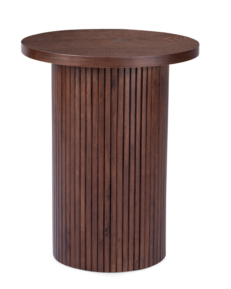 Walnut Round Wood End Table Fluted Pedestal Side Table
