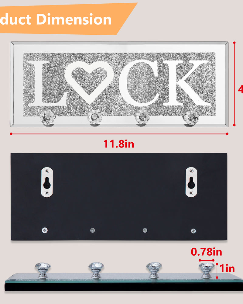 Mirrored LOCK Key Holder with Crystal Hooks, Sparkly Silver Mirror Wall Decor