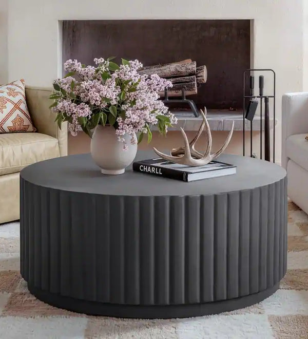 Black Modern Ribbed Round Concrete Coffee Table