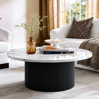 Black Modern Round Coffee Table with Solid Wood Fluted Design