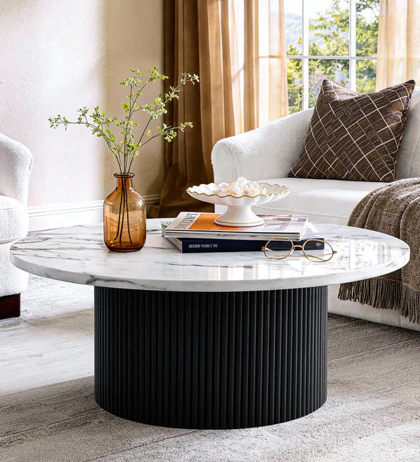 Black Modern Round Coffee Table with Solid Wood Fluted Design