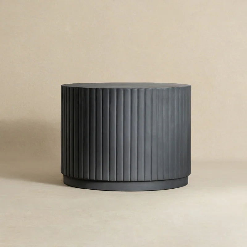 Black Modern Round Fluted Drum Magnesium Oxide End Table