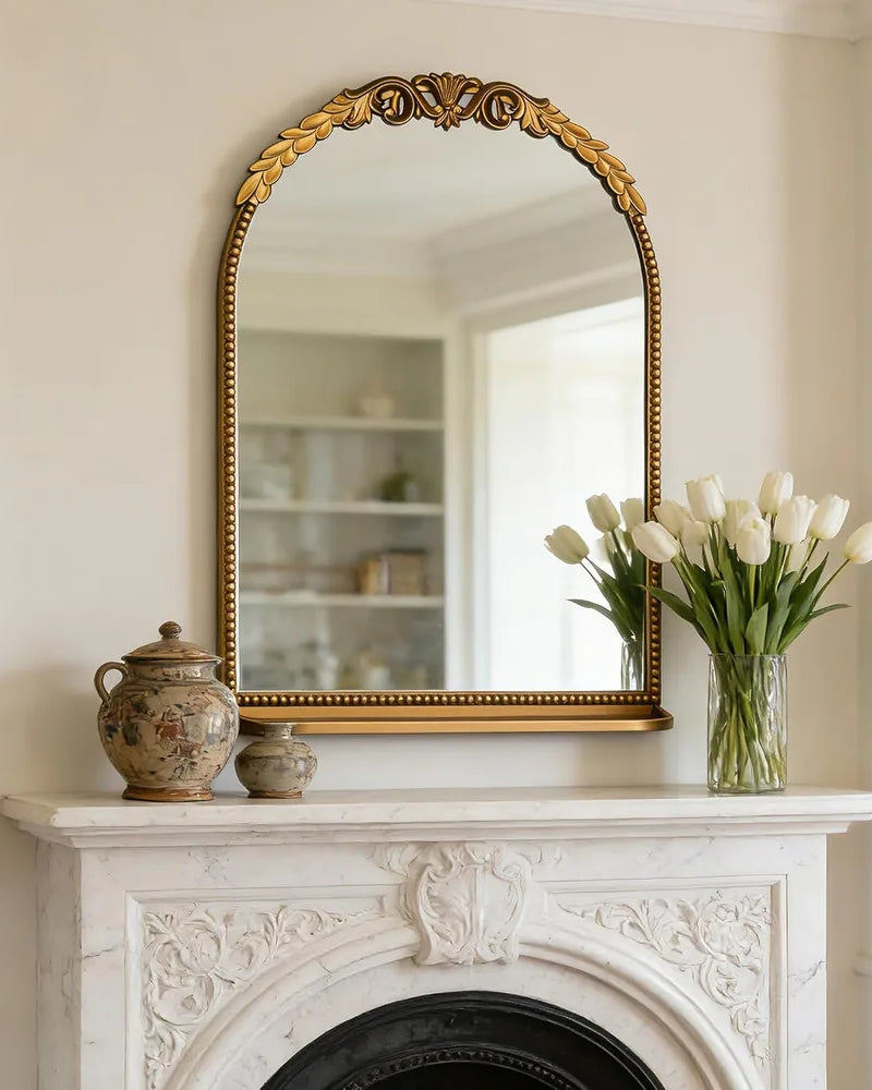 Ornate Arch Top Metal Framed Wall Mirror with Shelf