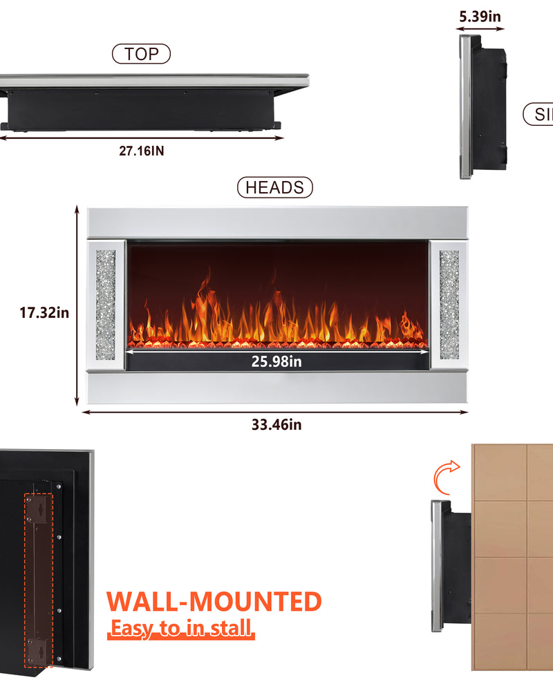 Modern Electric Fireplace with Crushed Diamond Inlay