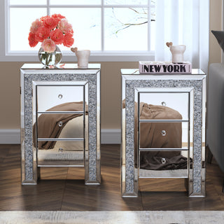 SHYFOY Crushed Diamond Mirrored Nightstand with 3 Drawers